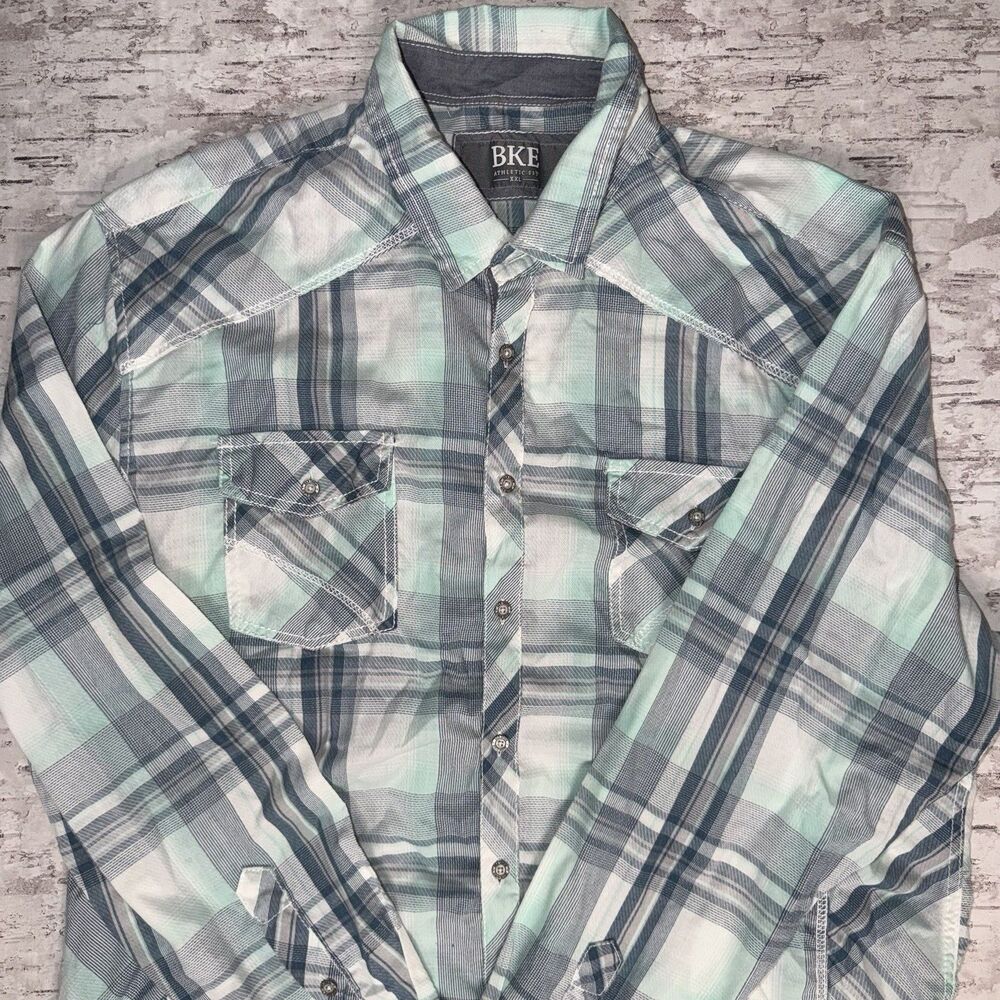 Men’s BKE Athletic Plaid Shirt Mint White Size XXL